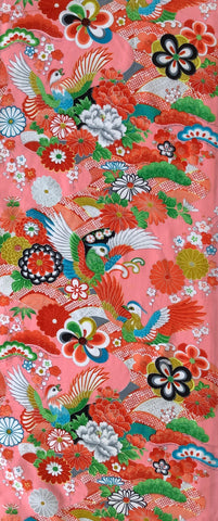 8109: 1990s Ceremonial Girls Kimono Cotton, phoenix,flowers, full view