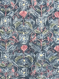 8111:  second close-up of a repeating ornamental diamond-medallons grid pattern featuring pink floral motifs and swirling vine details over a muted blue-gray background.