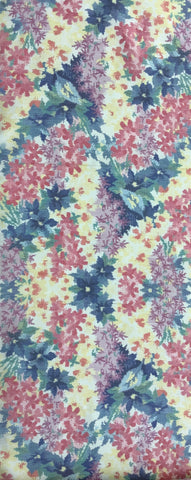 8116 1980s Japan Tsumugi Silk, full-length view  a floral fabric pattern featuring pink, purple, and blue flowers with green leaves on a pale yellow background.