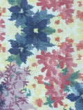 8116 1980s Japan Tsumugi Silk, pixleated, closeup2  a floral fabric pattern featuring pink, purple, and blue flowers with green leaves on a pale yellow background.