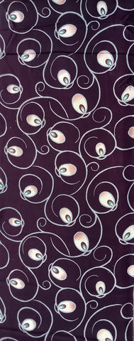 81282: 50inch 1960s Japan kimono silk; Art Deco peacock feather patterned fabric featuring a dark purple background with white swirling lines and peach-pink teardrop shapes.