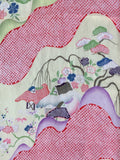 81321:close-up4 of a Japanese-style patterned fabric featuring wavy bands, streams, river boat, floral motifs, birds, and small traditional house details in pink, green, purple, blue, and cream.