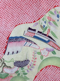 81312:close-up5 of a Japanese-style patterned fabric featuring wavy bands, streams, river boat, floral motifs, birds, and small traditional house details in pink, green, purple, blue, and cream.