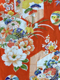 8130: Closeup5 1930s Girls Ceremonial  silk kimono fabric: hexagonals, temari balls, peonies, other flowers