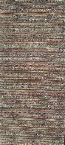 81351: 1970s Japan Kimono Silk, 62in. with horizontal multicolor stripes in muted brown, beige, gray, and rust tones.