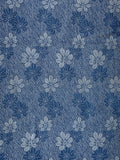 8139:1960s Rinzu Kimono Silk, A  middle close-up of a blue patterned fabric with a repeating chrysanthemums motif in lighter and darker blue tones.