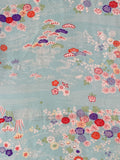 8140:1960s Chirimen Silk, floweres, traditional motifs on pale blue white background