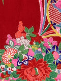 8144:1950s Japan Ceremonial Womens Silk Kimono Fabric; ornate floral, drums, closeup bouquets, decorative cords , note chirimen in solid red area.