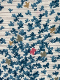 8145: 1960s rayon mock-silk kimono fabric;A close-up of a fabric pattern featuring blue watercolor-style ajisai and leaves on a white background with thin gray horizontal stripes. The design includes small accents of pink and mustard yellow.