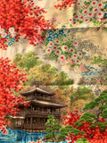 81532: 1960s Japanese Kimono Silk fabric, second lower pavilion withmomiji autmn Japanese maple leaves, red orange with blue water, and a beige background with scattered floral motifs.