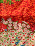81532: 1960s Japanese Kimono Silk fabric, closeup momiji autmn Japanese maple leaves, red orange with chrysnthemums, bellflowers, bamboo leaves